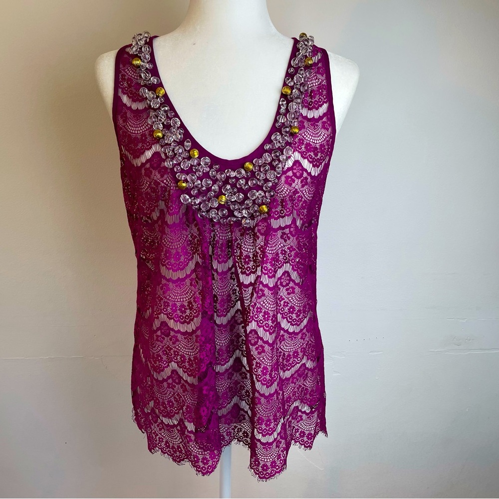 Moda International Lace Gem Lined Neckline Purple Sleeveless Top Women’s size L